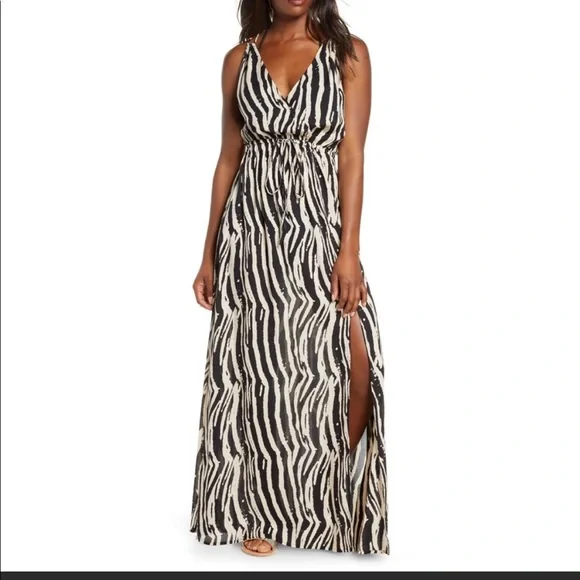 Elan Swim | Elan Cover Up Maxi Dress Animal Print Plunge Neck Open Back | Color: Black/Tan | Size: S | Anniemcc05'S Closet